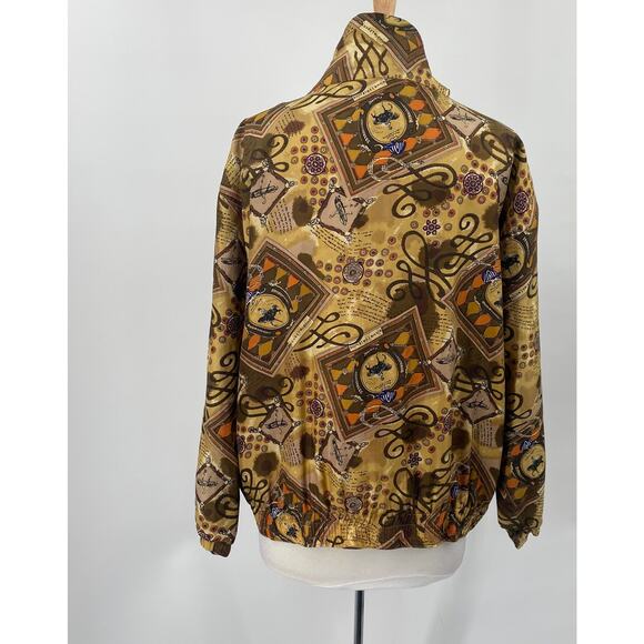 Vintage Equestrian Print Bomber Jacket Brown Tan Gold EUC Size L 100% Silk - Picture 8 of 12
